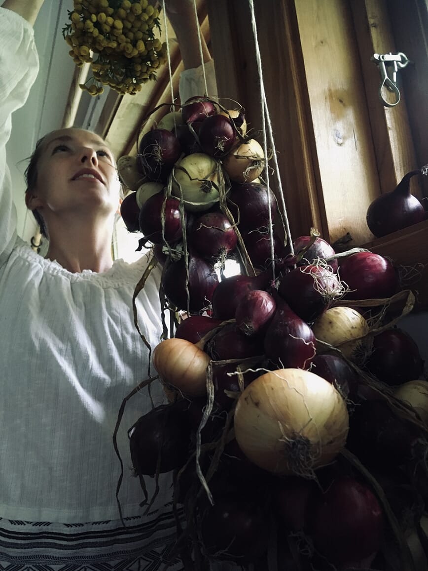 Dana tørker selvdyrket løk